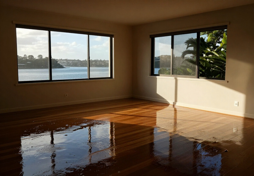 Flooded living room in Airds before restoration